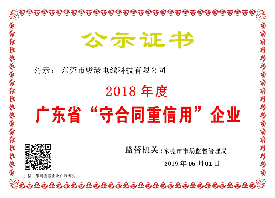 必赢网络游戏平台电线荣获2018年度广东省“守条约重信用”企业证书
